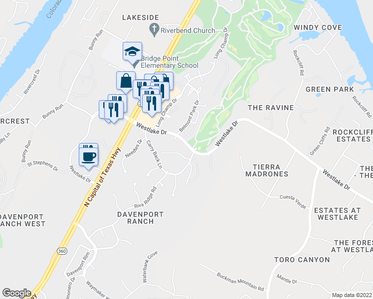 map of restaurants, bars, coffee shops, grocery stores, and more near 4222 Westlake Drive in Austin