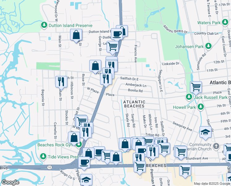map of restaurants, bars, coffee shops, grocery stores, and more near 905 Plaza in Atlantic Beach