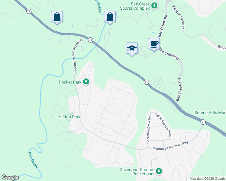 map of restaurants, bars, coffee shops, grocery stores, and more near 18705 Alonso Place in Austin