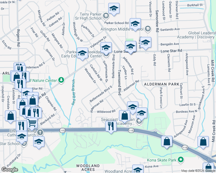 map of restaurants, bars, coffee shops, grocery stores, and more near 7905 Bellemeade Boulevard South in Jacksonville