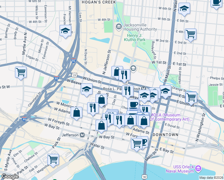 map of restaurants, bars, coffee shops, grocery stores, and more near 511 West Beaver Street in Jacksonville