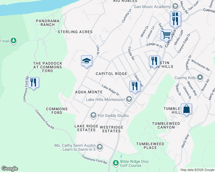 map of restaurants, bars, coffee shops, grocery stores, and more near 10002 Lake Ridge Drive in Austin
