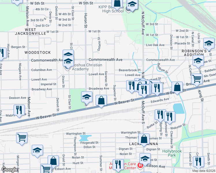 map of restaurants, bars, coffee shops, grocery stores, and more near 805 Saranac Street in Jacksonville