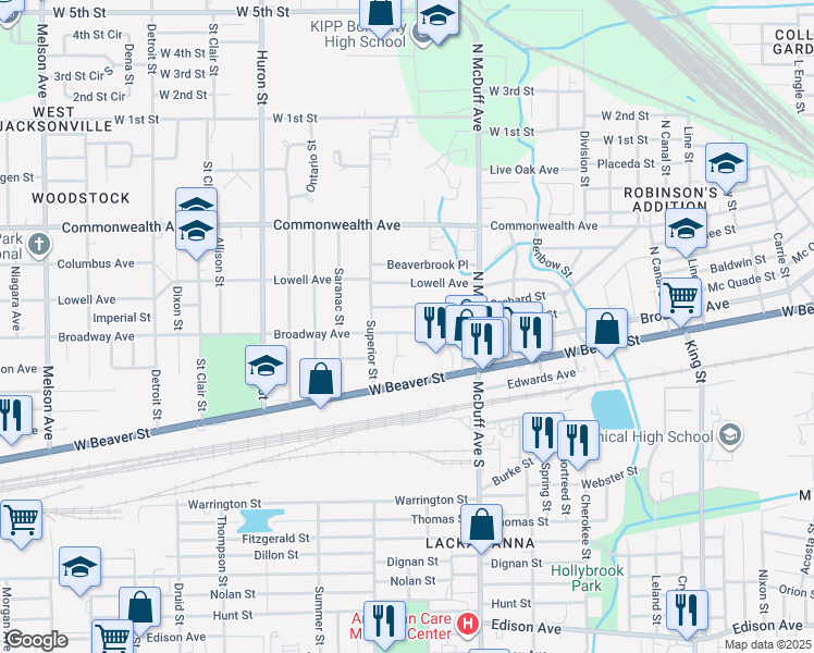 map of restaurants, bars, coffee shops, grocery stores, and more near 2585 Broadway Avenue in Jacksonville