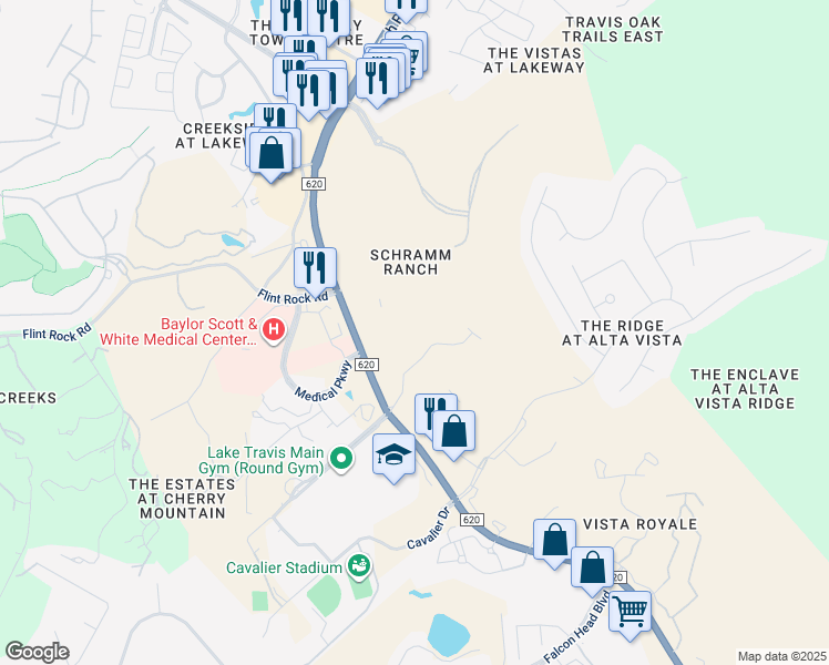 map of restaurants, bars, coffee shops, grocery stores, and more near 3201 Ranch Road 620 South in Austin