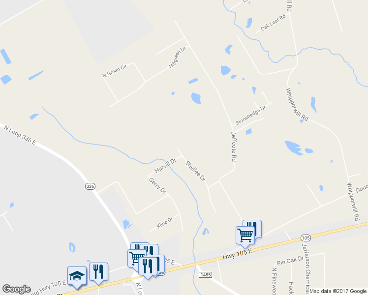 map of restaurants, bars, coffee shops, grocery stores, and more near 1552 Shellee Drive in Conroe