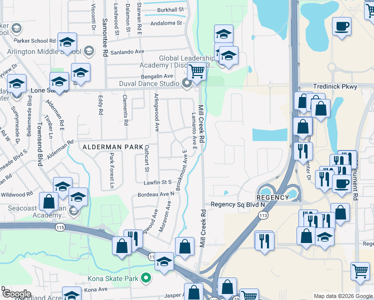 map of restaurants, bars, coffee shops, grocery stores, and more near 1230 Lamanto Avenue East in Jacksonville
