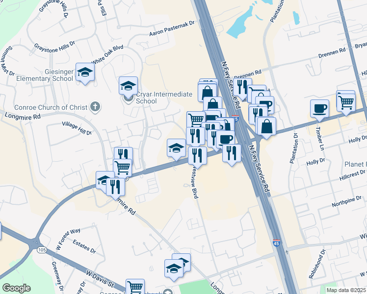 map of restaurants, bars, coffee shops, grocery stores, and more near 2201 Westview Boulevard in Conroe