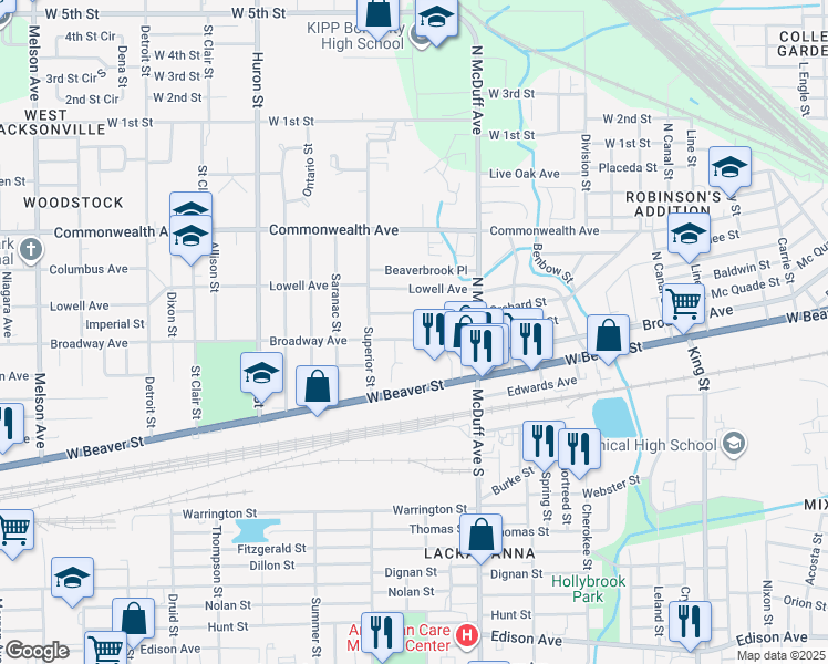 map of restaurants, bars, coffee shops, grocery stores, and more near 2575 Broadway Avenue in Jacksonville