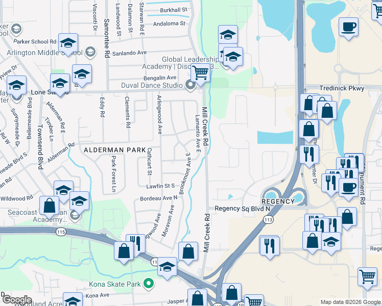 map of restaurants, bars, coffee shops, grocery stores, and more near 1230 Lamanto Avenue East in Jacksonville