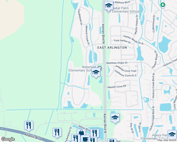 map of restaurants, bars, coffee shops, grocery stores, and more near 665 Candlebark Drive in Jacksonville