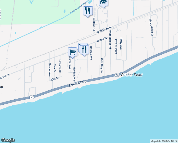 map of restaurants, bars, coffee shops, grocery stores, and more near 117 Holiday Avenue in Pass Christian