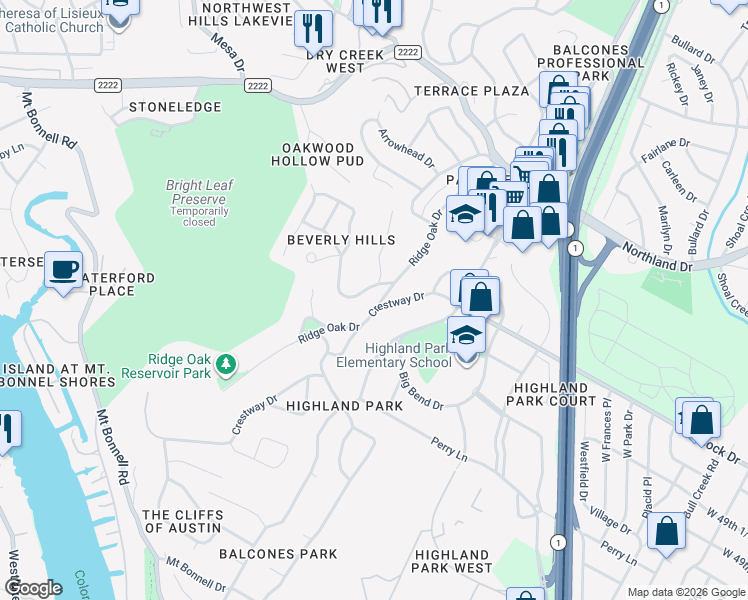 map of restaurants, bars, coffee shops, grocery stores, and more near 4900 Ridge Oak Drive in Austin