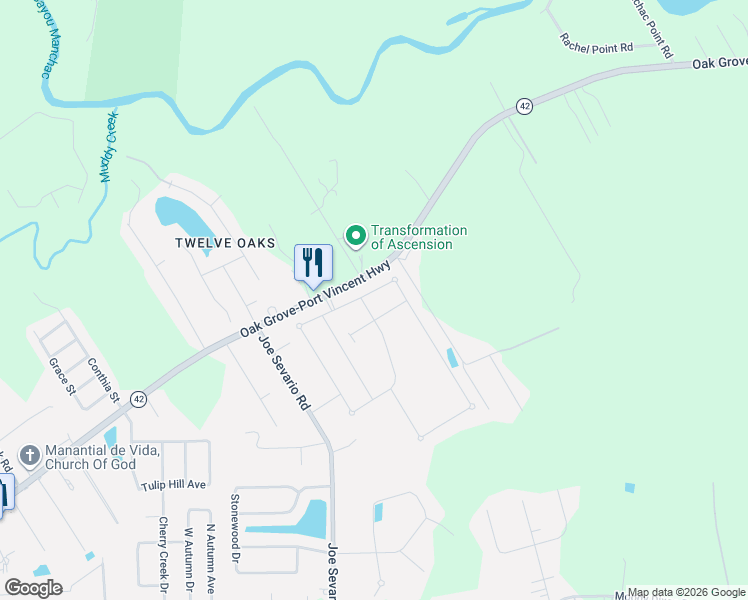 map of restaurants, bars, coffee shops, grocery stores, and more near 42166 Eagles Eye Street in Prairieville