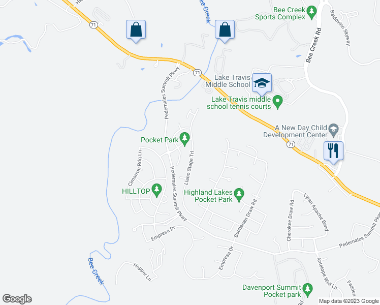 map of restaurants, bars, coffee shops, grocery stores, and more near 6625 Llano Stage Trail in Austin