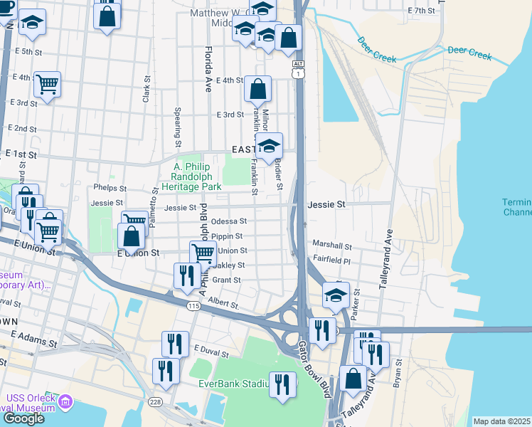 map of restaurants, bars, coffee shops, grocery stores, and more near 3 Odessa Street in Jacksonville