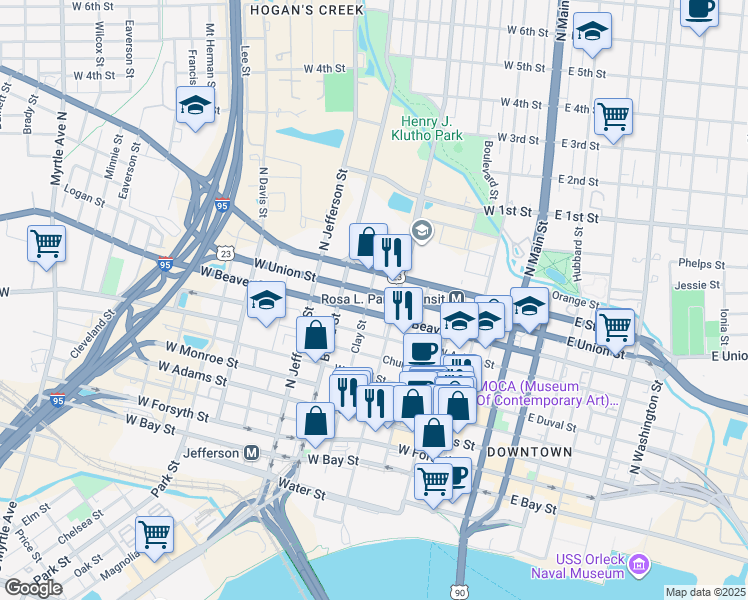 map of restaurants, bars, coffee shops, grocery stores, and more near 716 North Pearl Street in Jacksonville