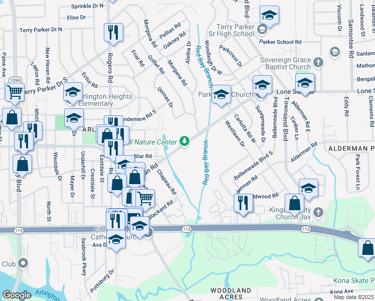 map of restaurants, bars, coffee shops, grocery stores, and more near 7152 Lone Star Road in Jacksonville