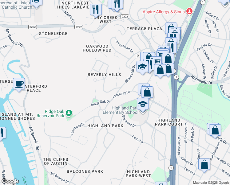 map of restaurants, bars, coffee shops, grocery stores, and more near 4900 Ridge Oak Drive in Austin