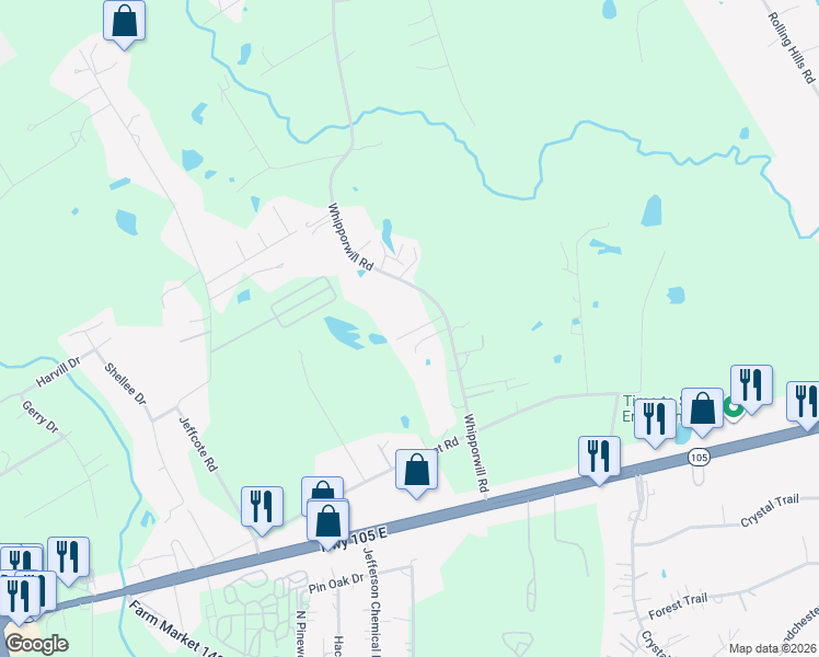 map of restaurants, bars, coffee shops, grocery stores, and more near 1155 Whipporwill Road in Conroe