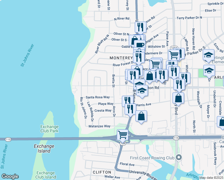 map of restaurants, bars, coffee shops, grocery stores, and more near 1209 Bretta Street in Jacksonville