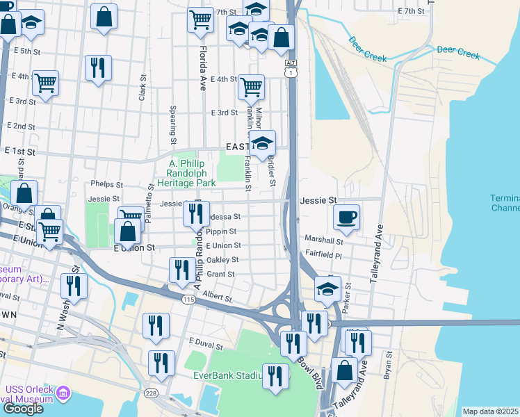map of restaurants, bars, coffee shops, grocery stores, and more near 3 Odessa Street in Jacksonville