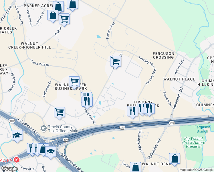 map of restaurants, bars, coffee shops, grocery stores, and more near 8038 Exchange Drive in Austin