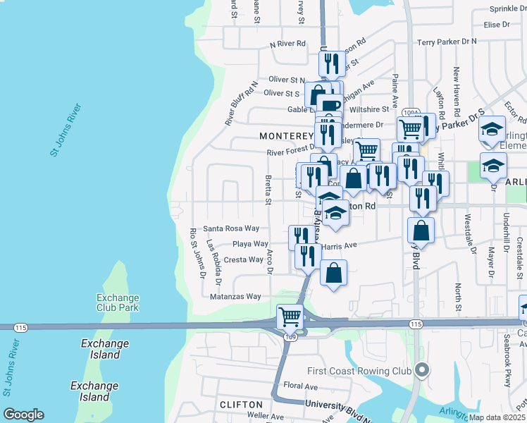 map of restaurants, bars, coffee shops, grocery stores, and more near 1200 Bretta Street in Jacksonville