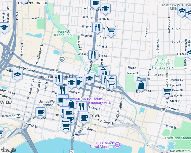 map of restaurants, bars, coffee shops, grocery stores, and more near 9 Orange Street in Jacksonville
