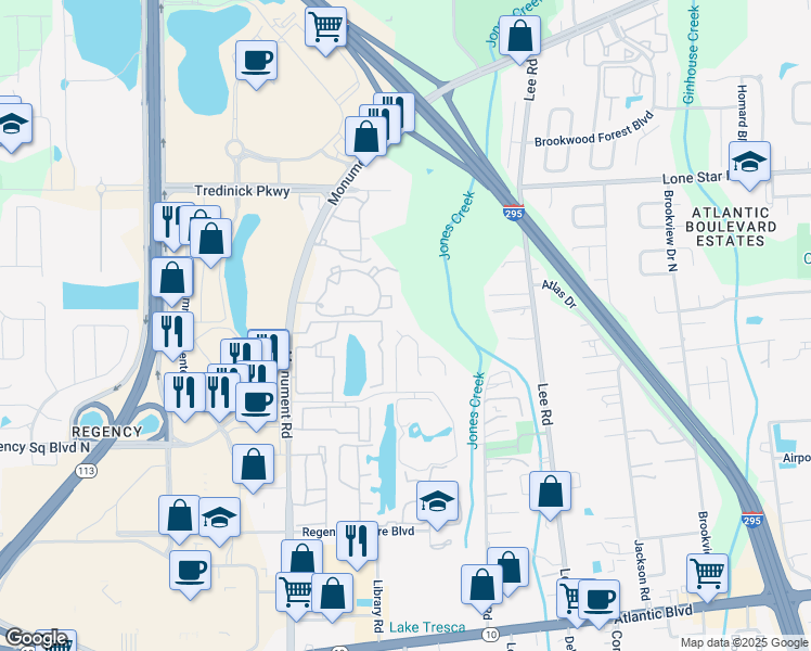 map of restaurants, bars, coffee shops, grocery stores, and more near 9957 Chancellor Court in Jacksonville