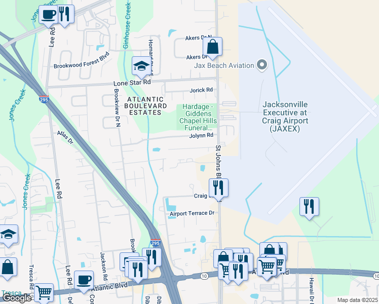map of restaurants, bars, coffee shops, grocery stores, and more near 25 Craig Industrial Drive in Jacksonville