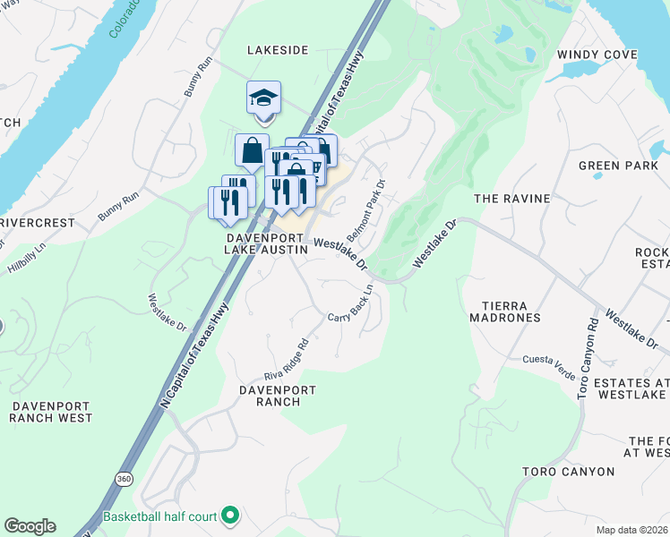 map of restaurants, bars, coffee shops, grocery stores, and more near 4231 Westlake Drive in Austin