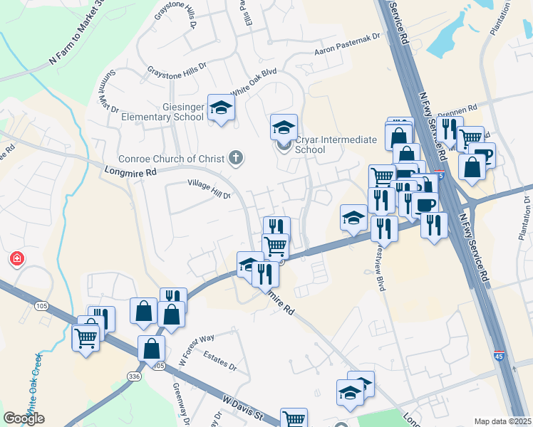 map of restaurants, bars, coffee shops, grocery stores, and more near 1840 Longmire Road in Conroe