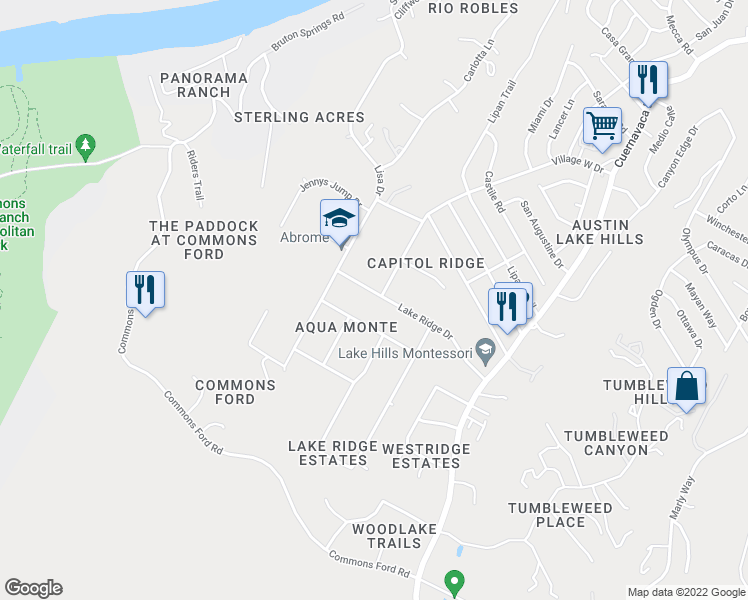 map of restaurants, bars, coffee shops, grocery stores, and more near 10101 Lake Ridge Drive in Austin