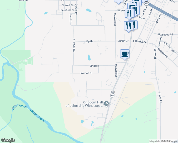 map of restaurants, bars, coffee shops, grocery stores, and more near 119 Inwood Drive in Silsbee