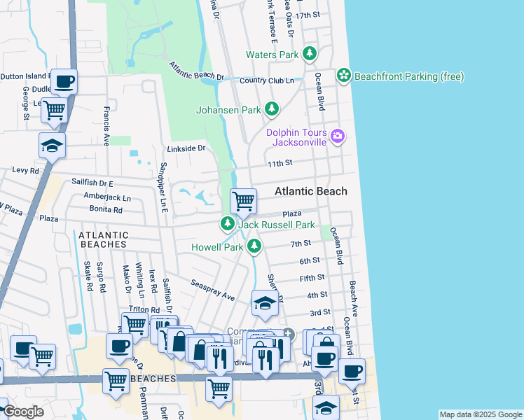 map of restaurants, bars, coffee shops, grocery stores, and more near 871 Sherry Drive in Atlantic Beach