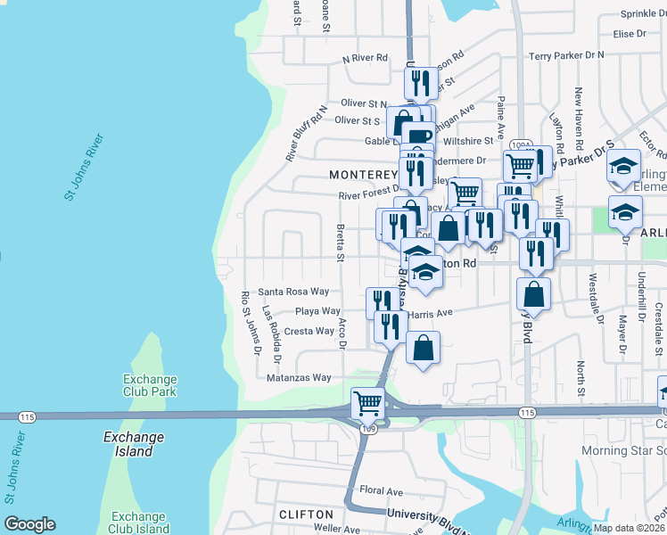 map of restaurants, bars, coffee shops, grocery stores, and more near 1209 Bretta Street in Jacksonville