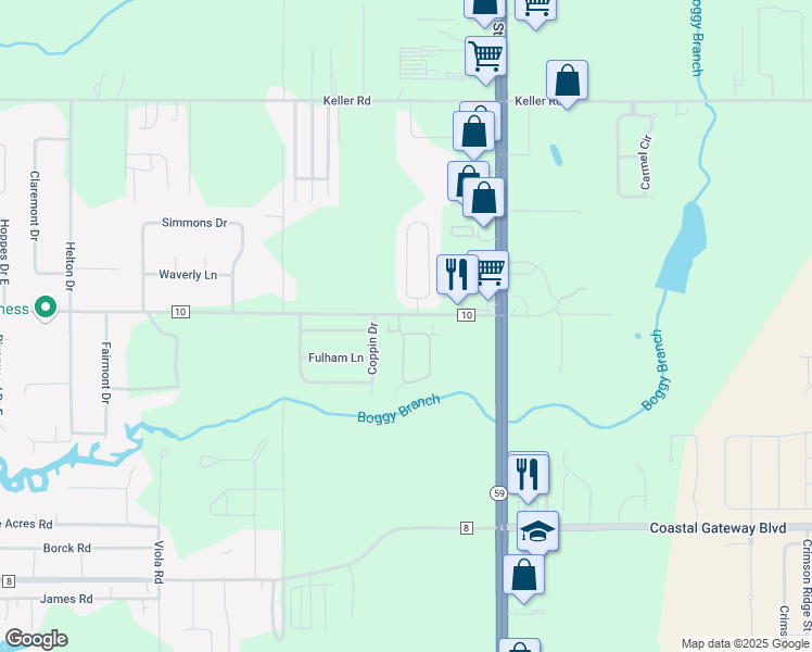 map of restaurants, bars, coffee shops, grocery stores, and more near 100 Holmes Avenue in Foley