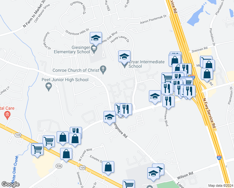 map of restaurants, bars, coffee shops, grocery stores, and more near 1840 Longmire Road in Conroe
