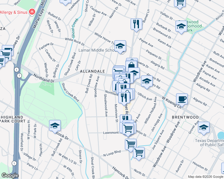 map of restaurants, bars, coffee shops, grocery stores, and more near 2100 Northland Drive in Austin