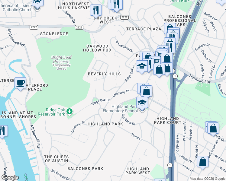 map of restaurants, bars, coffee shops, grocery stores, and more near 4900 Ridge Oak Drive in Austin