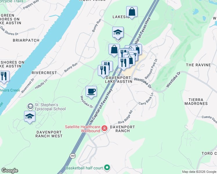 map of restaurants, bars, coffee shops, grocery stores, and more near 3590 Texas 360 Loop in Austin