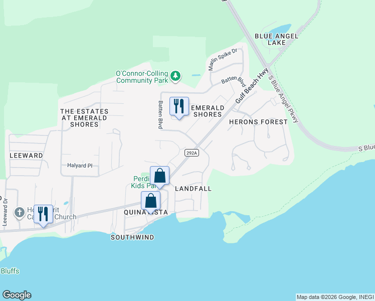 map of restaurants, bars, coffee shops, grocery stores, and more near 9951 Pandion Trail in Pensacola