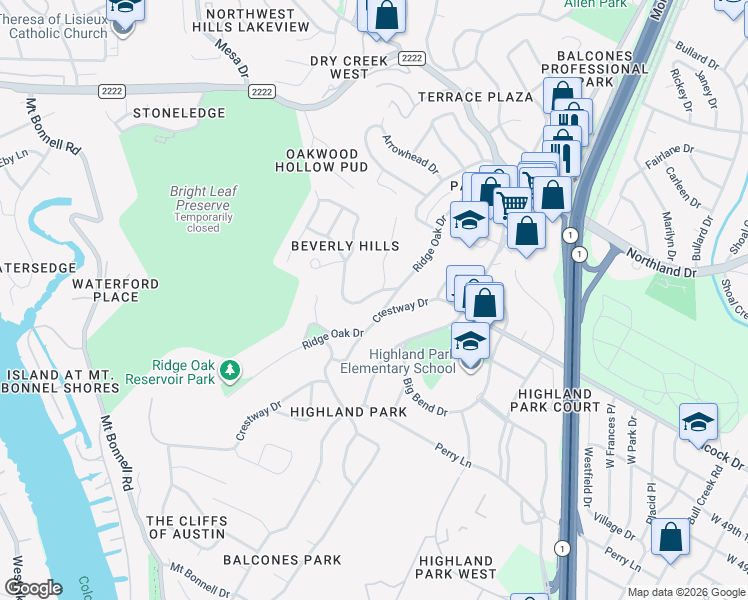map of restaurants, bars, coffee shops, grocery stores, and more near 4900 Ridge Oak Drive in Austin