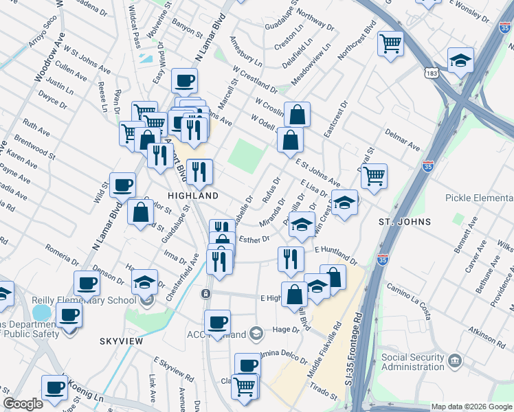 map of restaurants, bars, coffee shops, grocery stores, and more near 6905 Rufus Drive in Austin