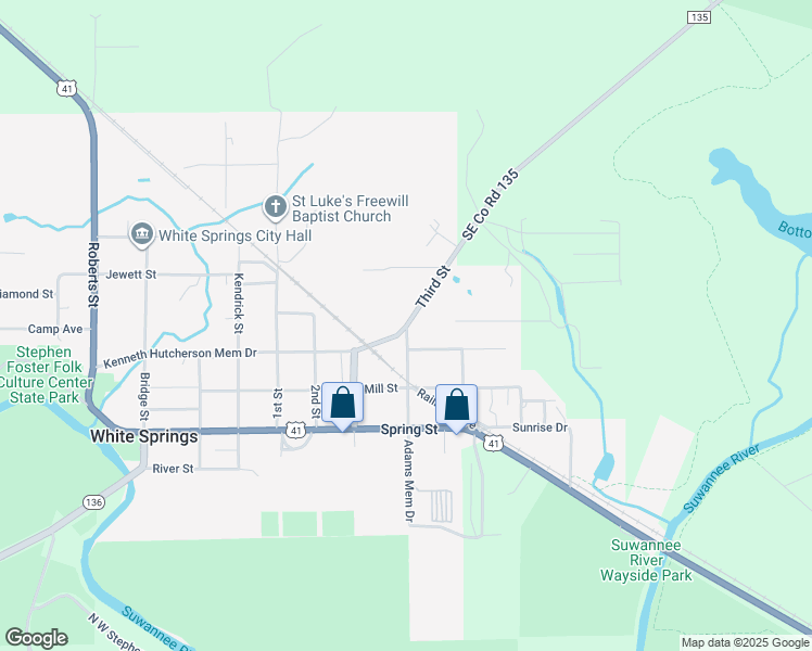 map of restaurants, bars, coffee shops, grocery stores, and more near Suwanee Street in White Springs