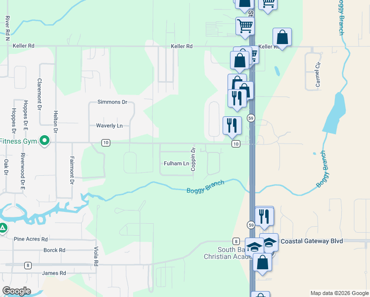 map of restaurants, bars, coffee shops, grocery stores, and more near 19710-19834 County Road 10 in Foley