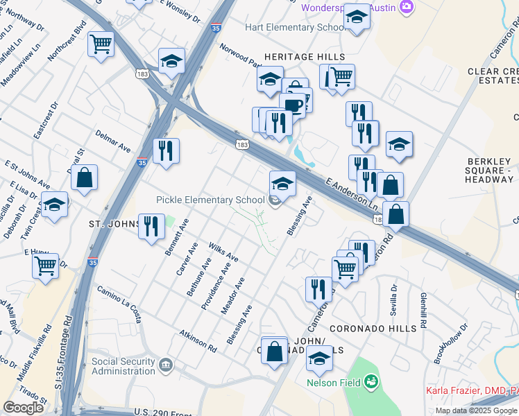 map of restaurants, bars, coffee shops, grocery stores, and more near 7501 Providence Avenue in Austin