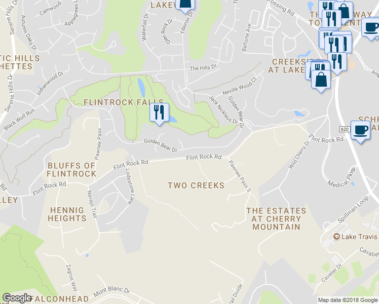 map of restaurants, bars, coffee shops, grocery stores, and more near 237 Golden Bear Drive in Lakeway