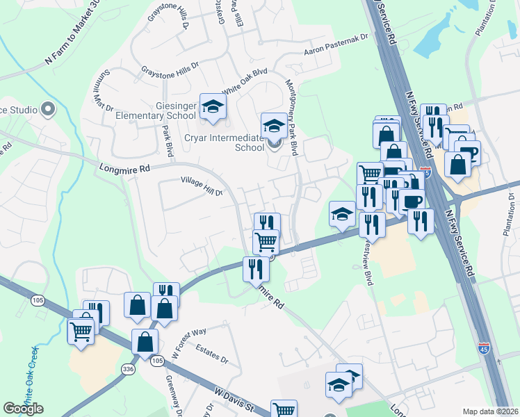 map of restaurants, bars, coffee shops, grocery stores, and more near 1840 Longmire Road in Conroe